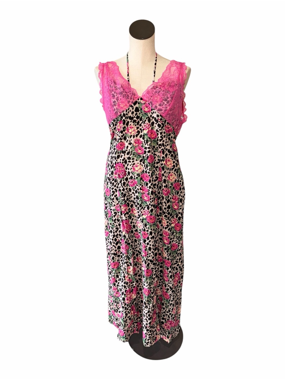 NWOT Luv Betsey by Betsey Johnson XL Maxi Dress Pink Lace Leopard Floral Roses - Picture 2 of 7